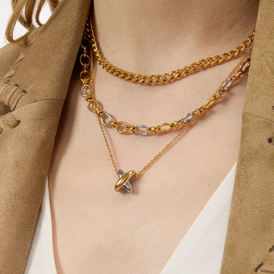 Collana a Croce Geometrica in Acciaio Inossidabile da Donna con Ciondolo in Acciaio al Titanio e Finitura Placcata