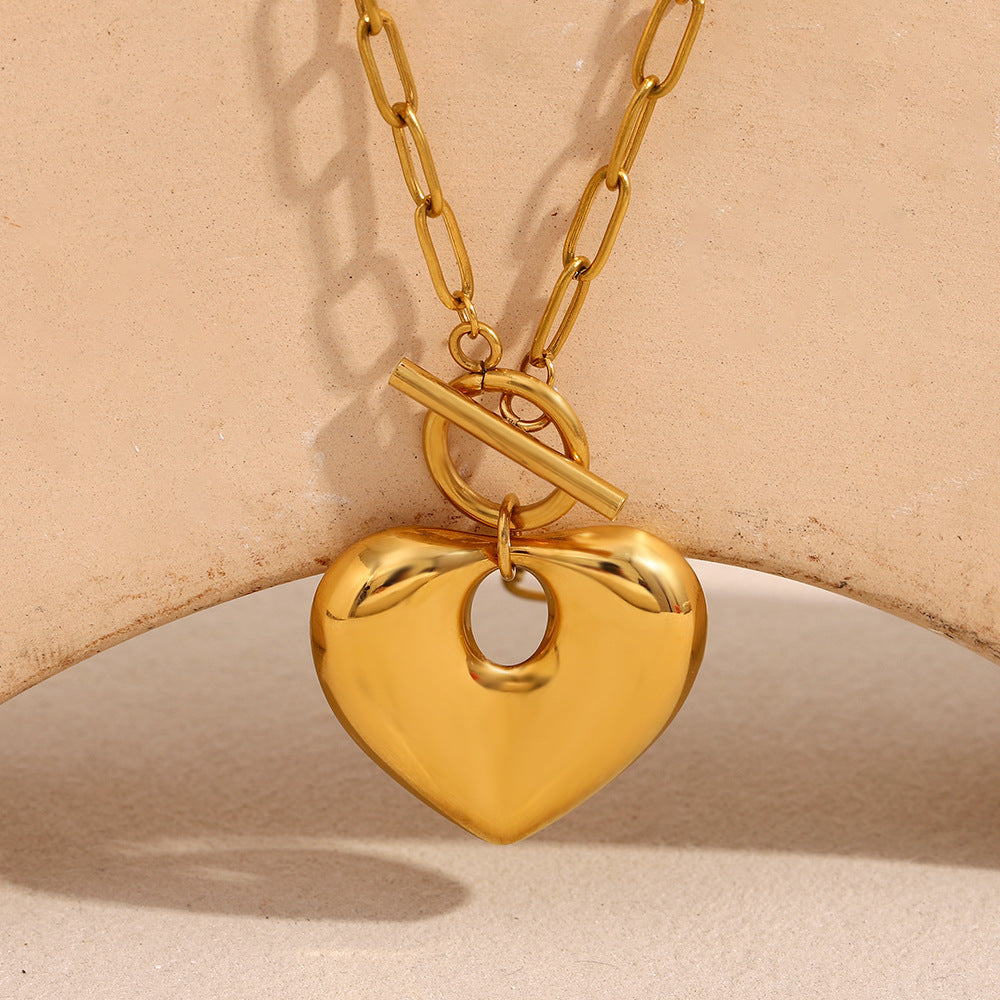 Collana con Pendente a Cuore Cavo Minimalista Vintage per Donna in Acciaio Inossidabile Placcato Oro 18K