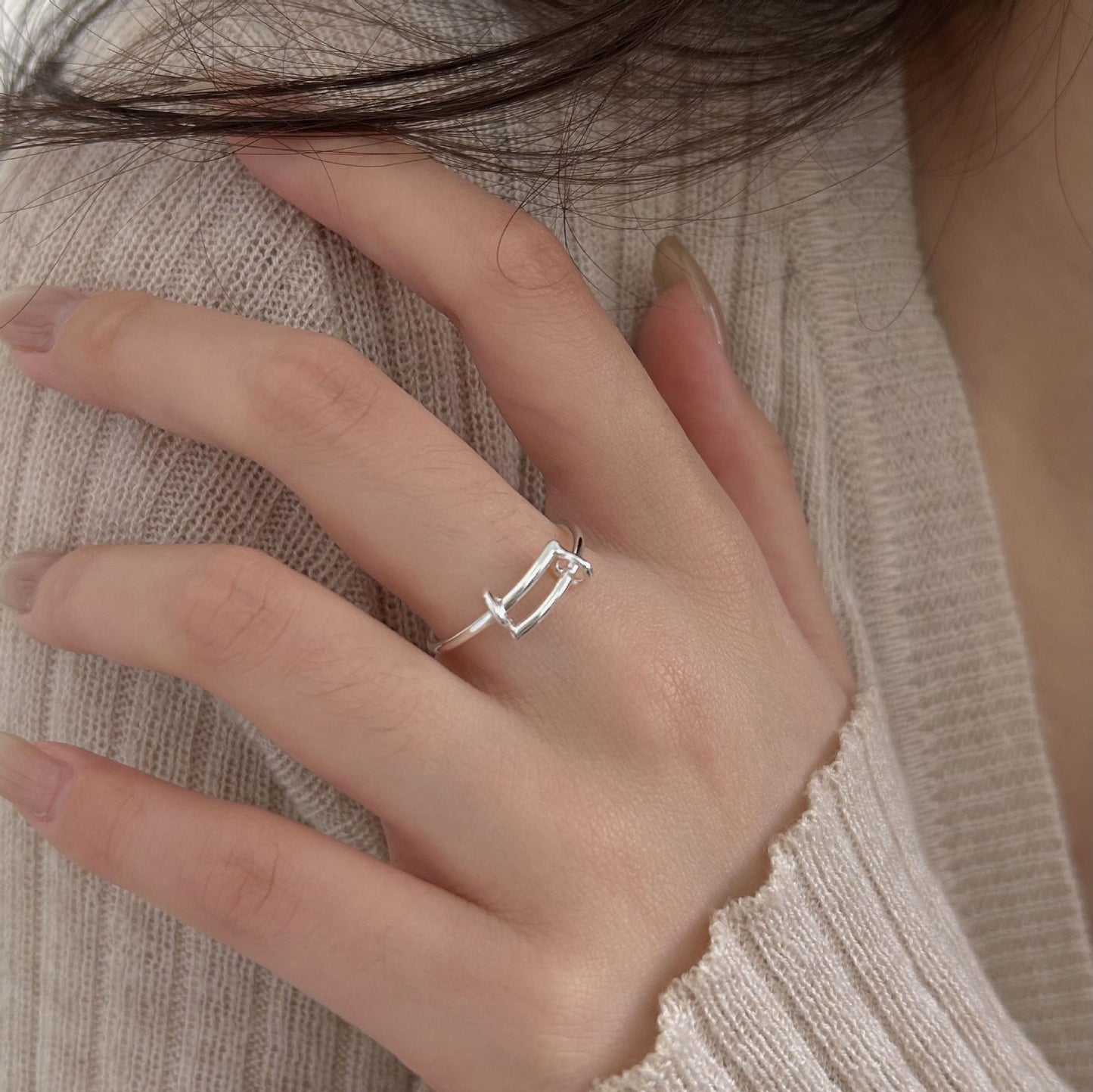 Minimalist Sweet Heart Shaped Geometric 925 Sterling Silver Adjustable Ring for Women