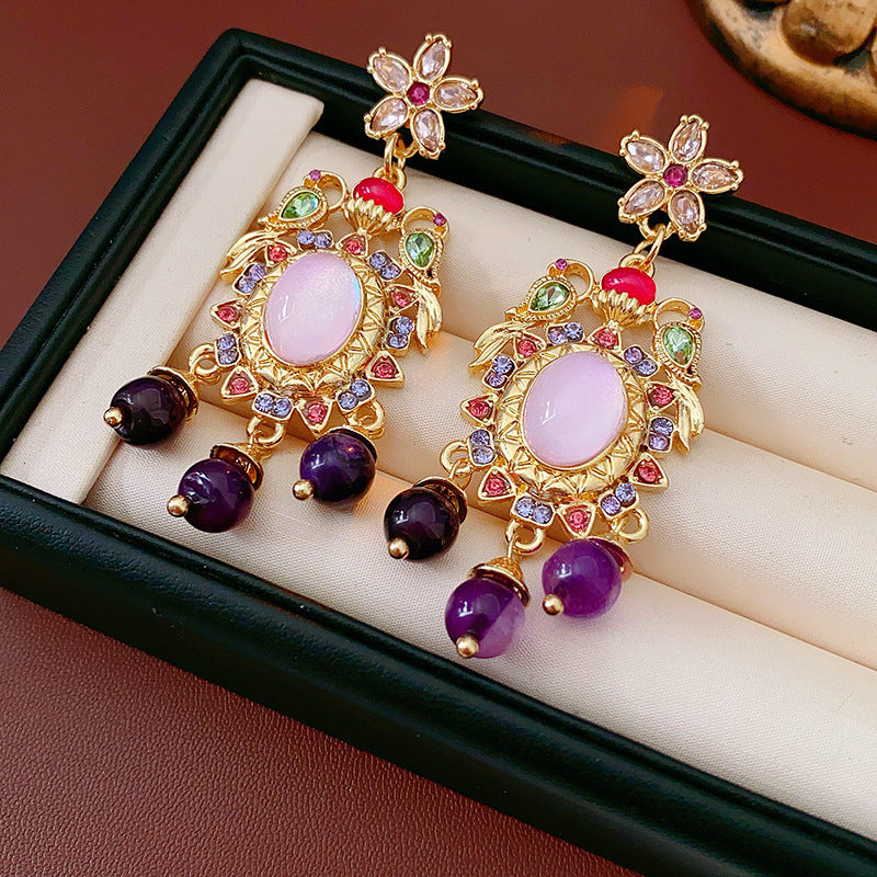 Vintage Drip-Shaped Geometric Alloy Earrings with Rhinestone Inlay, Stainless Steel Post, Elegant Court-Inspired Luxury Ear Jewelry for Women