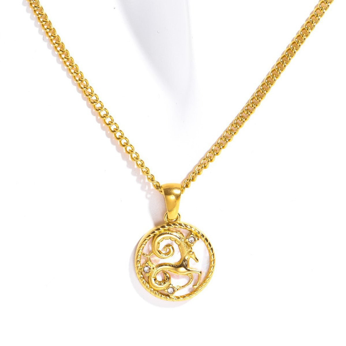 18K Gold Plated Titanium Steel Round Zodiac Coin Necklace PVD Finish Unisex