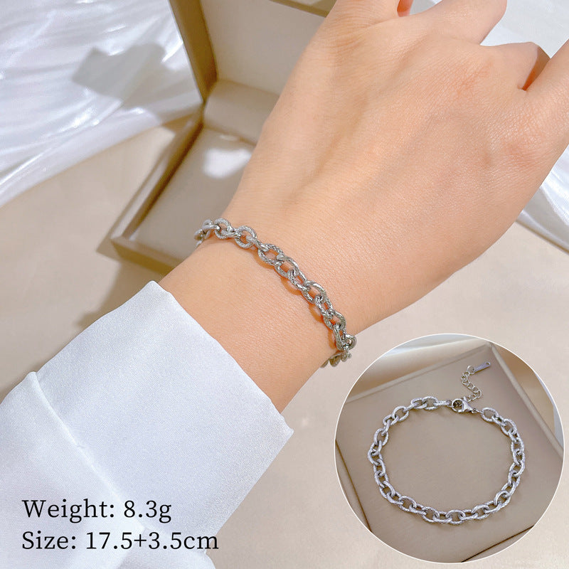 Vintage Women's Titanium Steel Rope Chain with Round Beads and Roman Numerals Gold Plated Wave Texture Four-Season Bean Hand Chain