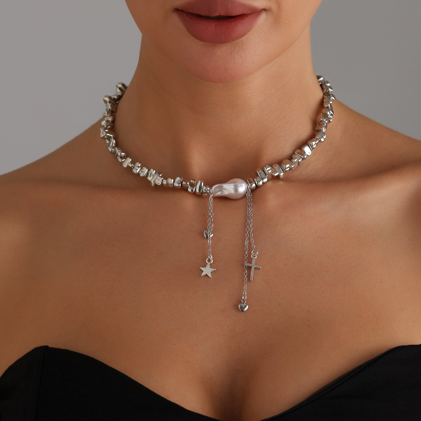 Vintage Asymmetrical Pearl Necklace with Star Heart Cross Pendant and Tassel Detail for Women Alloy Electroplated Locket Chain