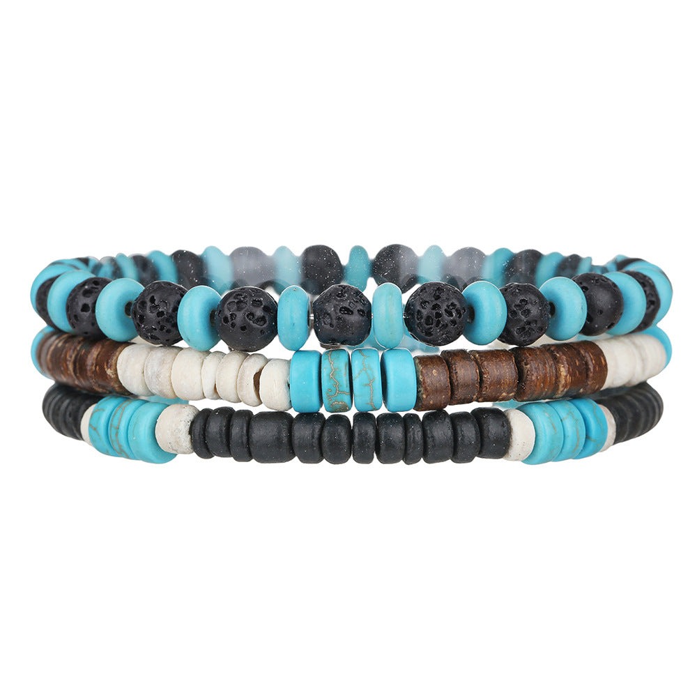 Vintage Handmade Round Wood Agate Turquoise Beaded Bracelet