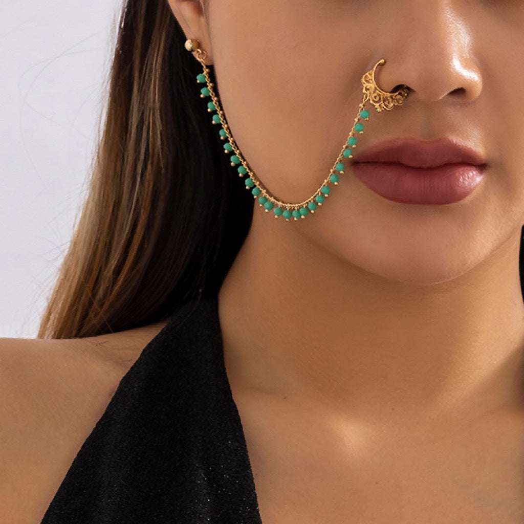 Sweet Minimalist Ethnic Geometric Crystal Plated Alloy Nose Ring with Tassel