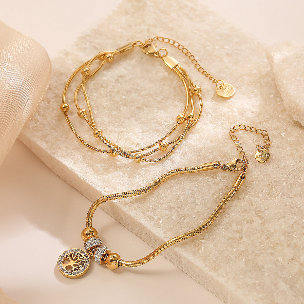 Fashion Geometric Tree of Life Pendant Bracelet for Women Micro-Set Cubic Zirconia 18K Gold Plated Stainless Steel Jewelry