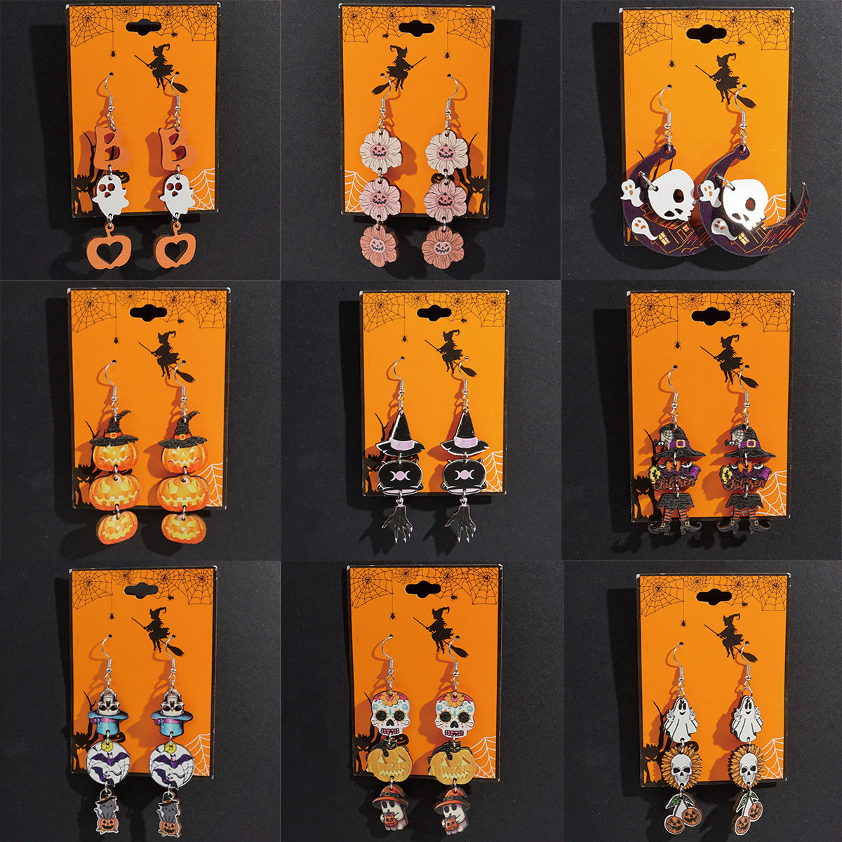 Pendientes de madera con temática de Halloween con fantasma de dibujos animados, calabaza y colgante de calavera para decoración de fiestas