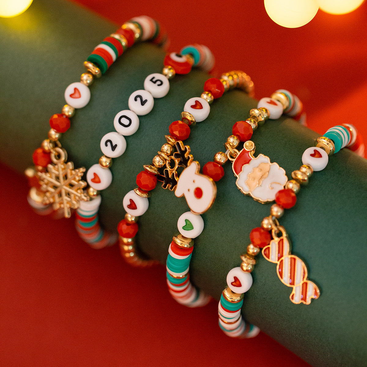 Conjunto de Pulseras de Arcilla Polimérica Hechas a Mano Estilo Dibujo Animado de Navidad con Cuentas de Letras de Muñeco de Nieve, Corazones, Estrellas y Formas Geométricas para Mujer