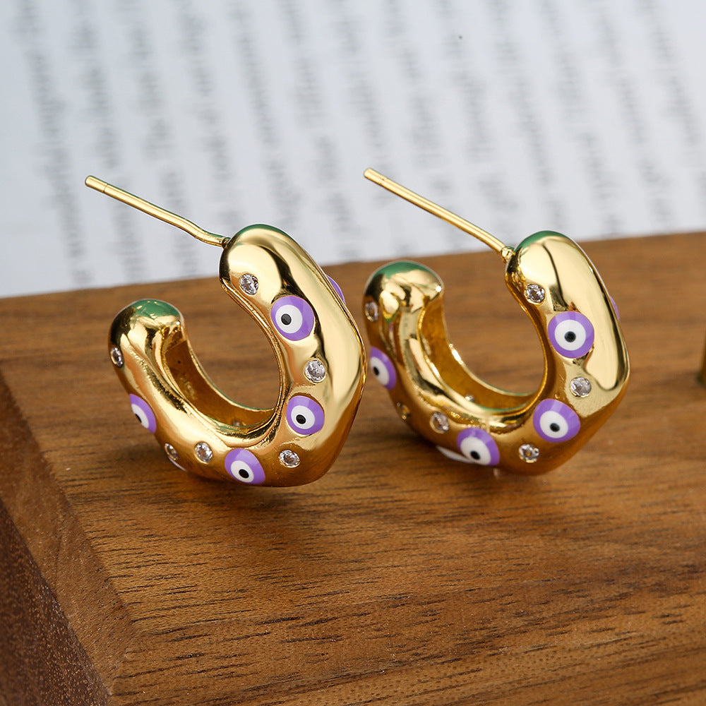 Irregular Geometric C-Shaped Earrings for Women with Micro-Pave Setting in Copper, Fashion-Forward Minimalist Design