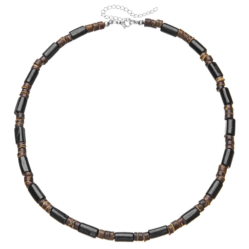 Bohemian Minimalist Geometric Wood and Turquoise Pendant Stainless Steel Ball Chain Necklace for Men and Women