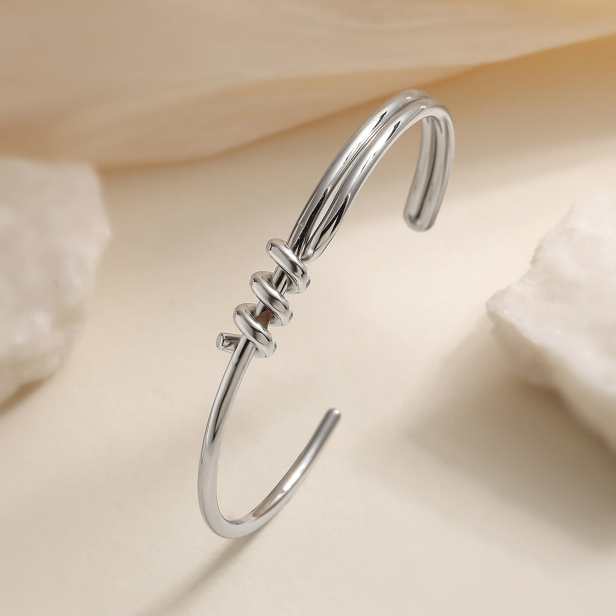 Minimalist C-Shaped Stainless Steel Bracelet for Women with 18K Gold Plating and Asymmetrical Knot Detail