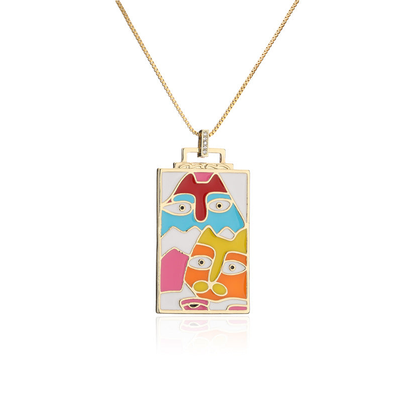 Geometric Brass Micro-Inlay Cubic Zirconia Drip Oil Pendant Necklace with Cable Chain