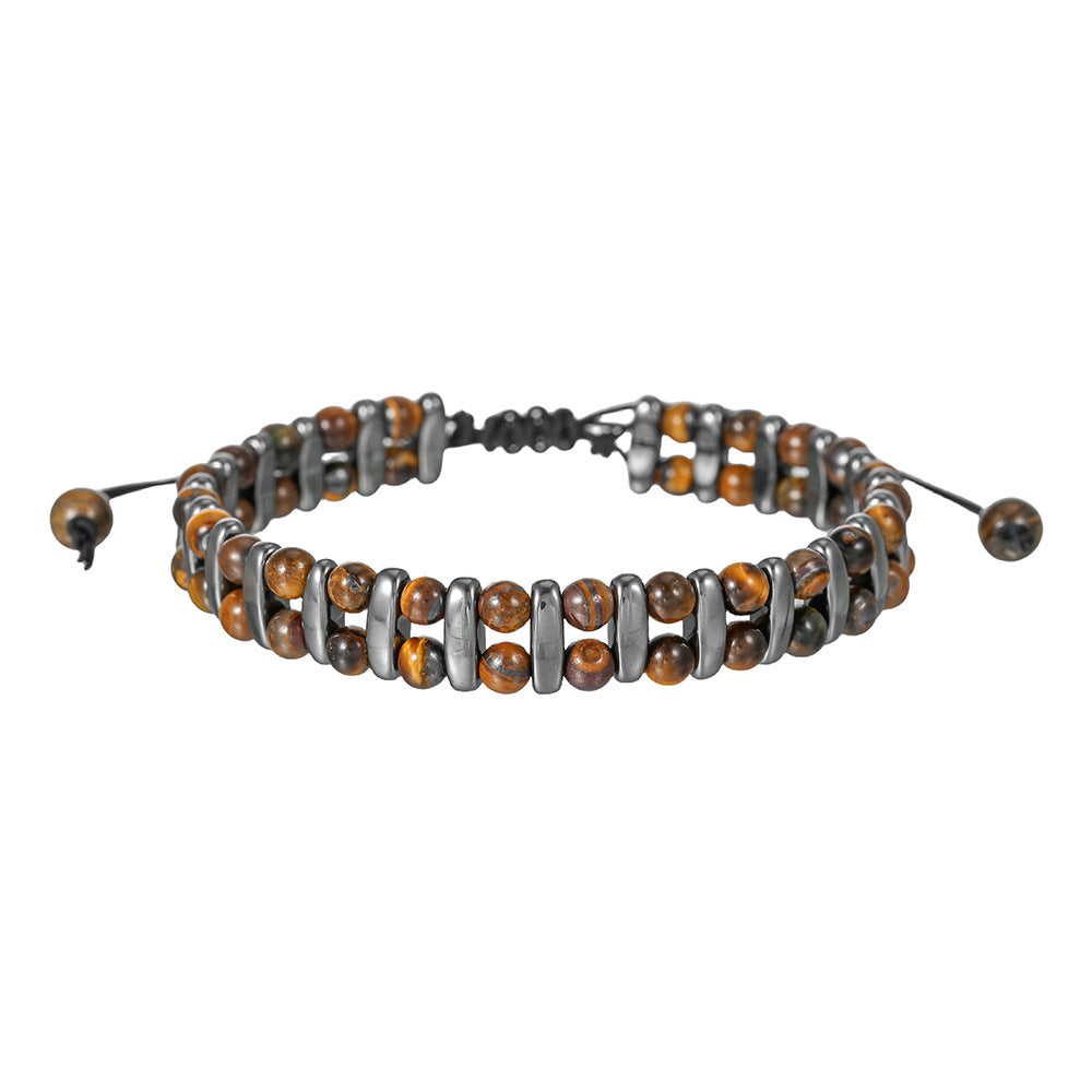 Geometric Handmade Beaded Tiger Eye and Hematite Bracelet with Woven Cord