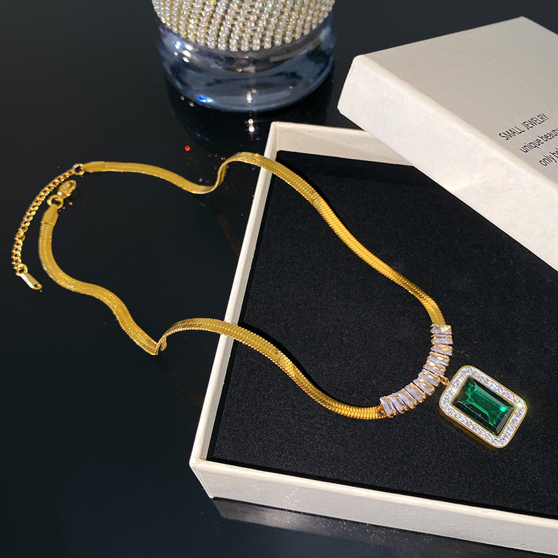 Vintage Geometric Square Plated Titanium Steel Snake Chain Necklace with Cubic Zirconia