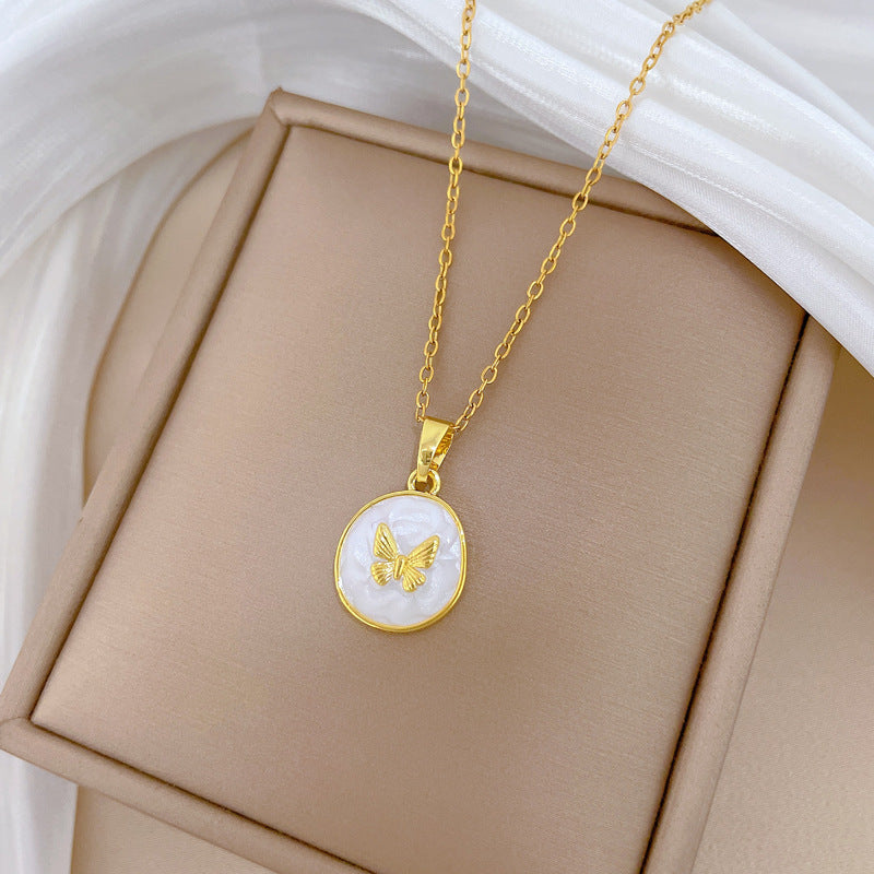 Sweet Elegant Round Drip Oil Butterfly Rhinestone Necklace Titanium Steel Cable Chain Unisex