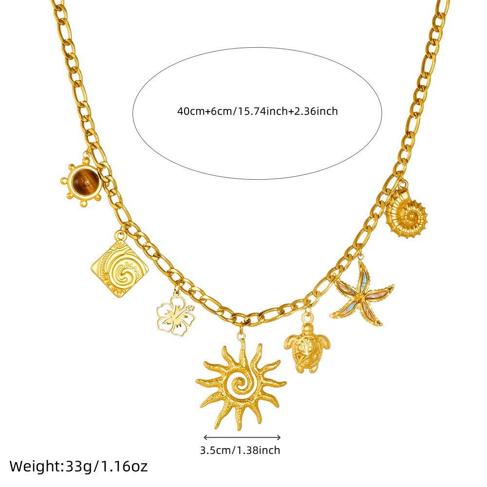 Chic Minimalist Hollow Floral Starfish Turtle Tiger's Eye Plated Stainless Steel Necklace for Women
