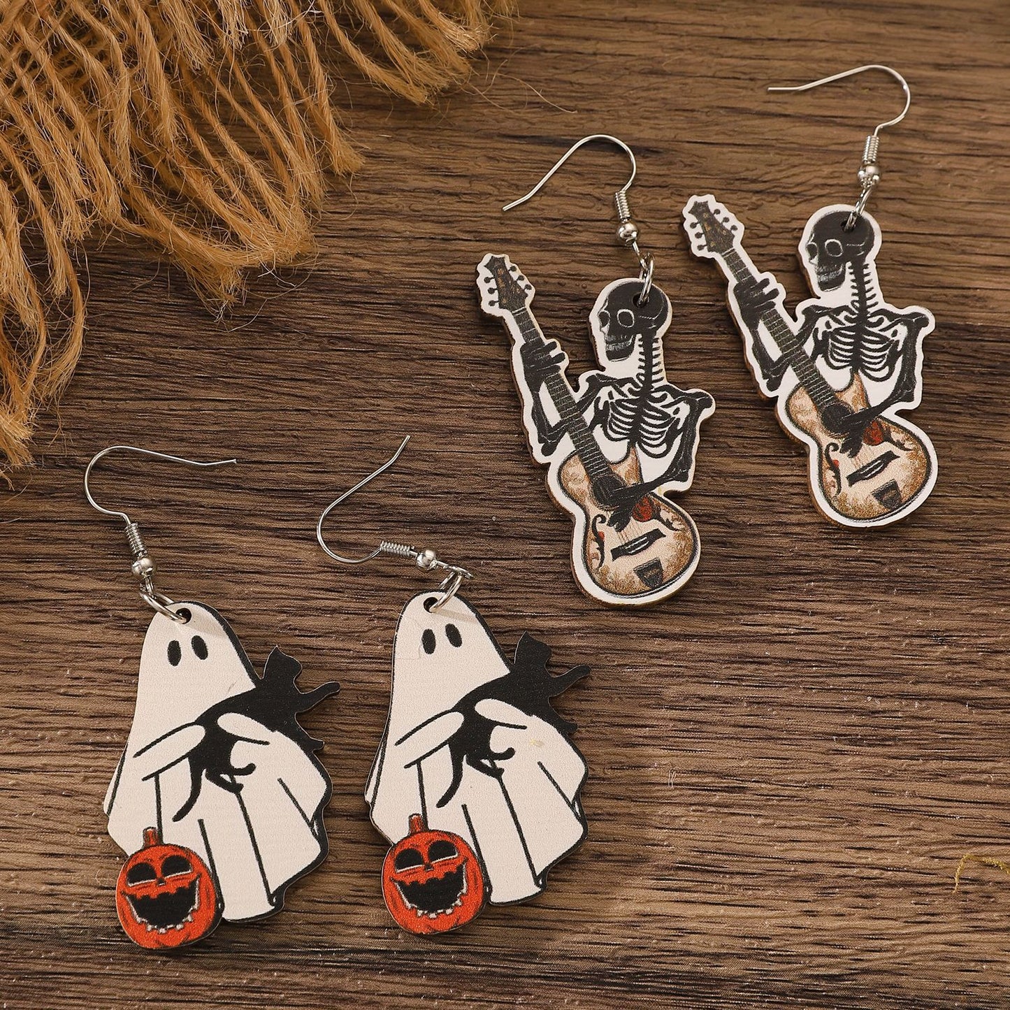 Pendientes góticos de madera de calavera de Halloween, flamenco, calabaza y fantasma con estampado