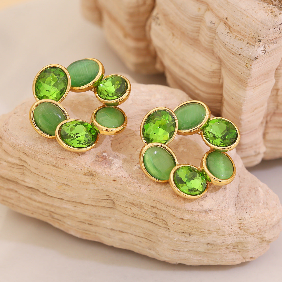 Vintage Geometric Round Cat's Eye Stud Earrings in Stainless Steel with Plating Finish