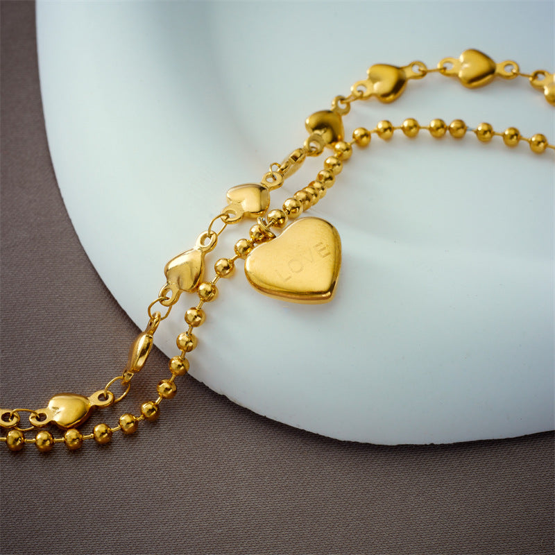 Pulsera de Acero Titanio Minimalista, a la Moda, de Doble Capa Apilable con Cuentas en Forma de Corazón para Mujeres