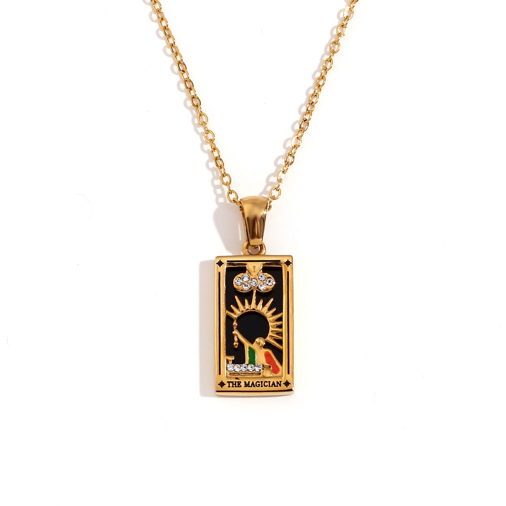 Vintage Tarot Card Pendant Necklace for Women Stainless Steel with 18K Gold Plating Geometric Four-Sided Design Fashion Office Style