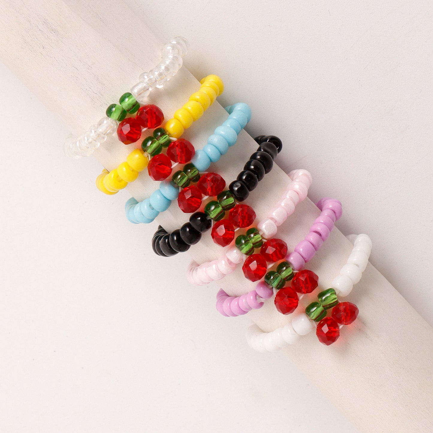 Minimalist Geometric Alloy Ring with Plated Finish for Women Colorful Cherry Beaded Elastic Band Fashion Jewelry