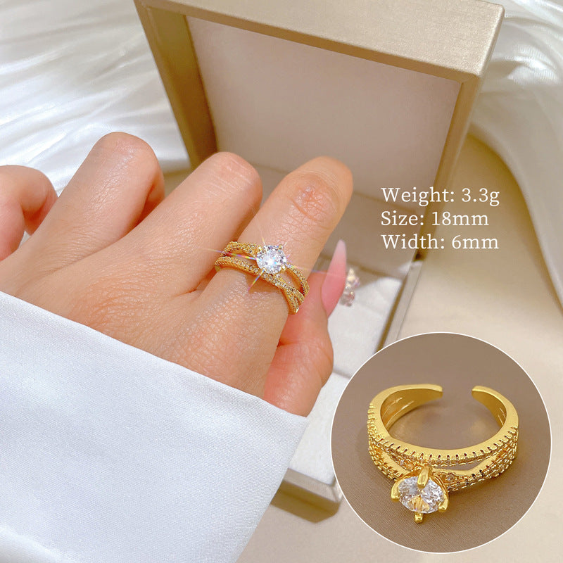 Minimalist Geometric Gold-Plated Brass Open Ring for Women with Crown Shape and Rhinestone Inlay