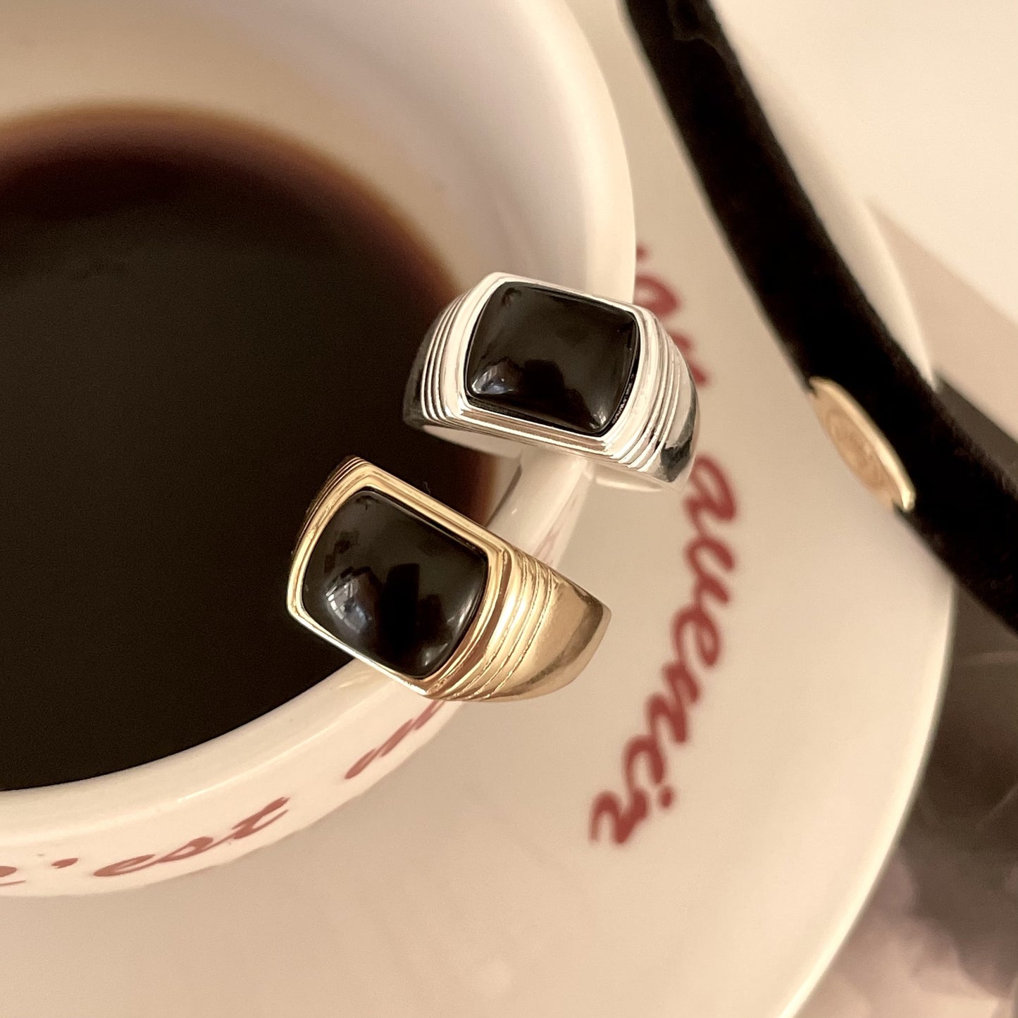 Punk 925 Sterling Silver Floral Geometric Inlaid Agate Adjustable Ring for Women