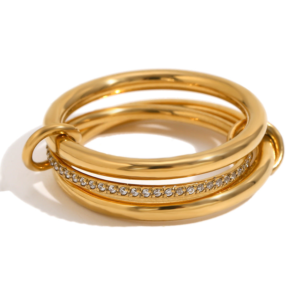Anello in acciaio inossidabile geometrico creativo con placcatura in oro 18 carati e strass centrale da donna