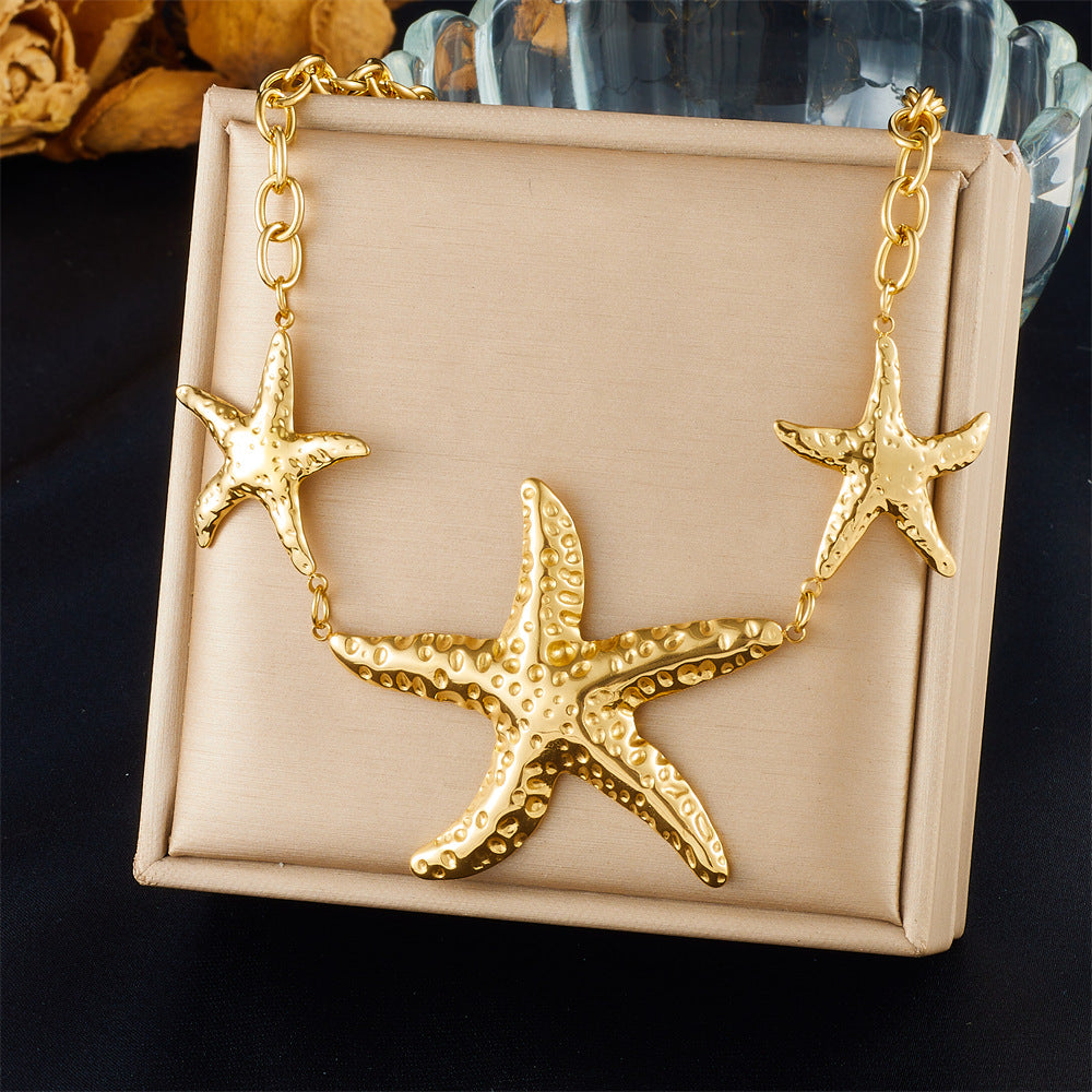Stainless Steel Plated Star and Shell Pendant Necklace with Cable Chain for Women