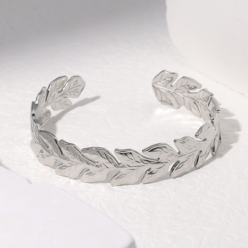 Natural Style Leaf-Shaped Titanium Steel Bracelet with Adjustable Opening and Electroplated Finish