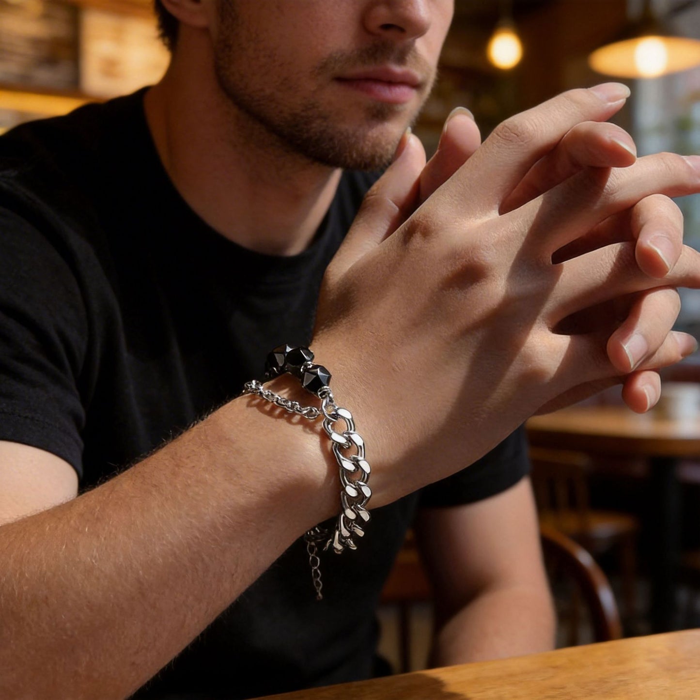 Geometric Double-Layer Faceted Tiger's Eye Stainless Steel Cuban Link Chain Bracelet for Men and Women