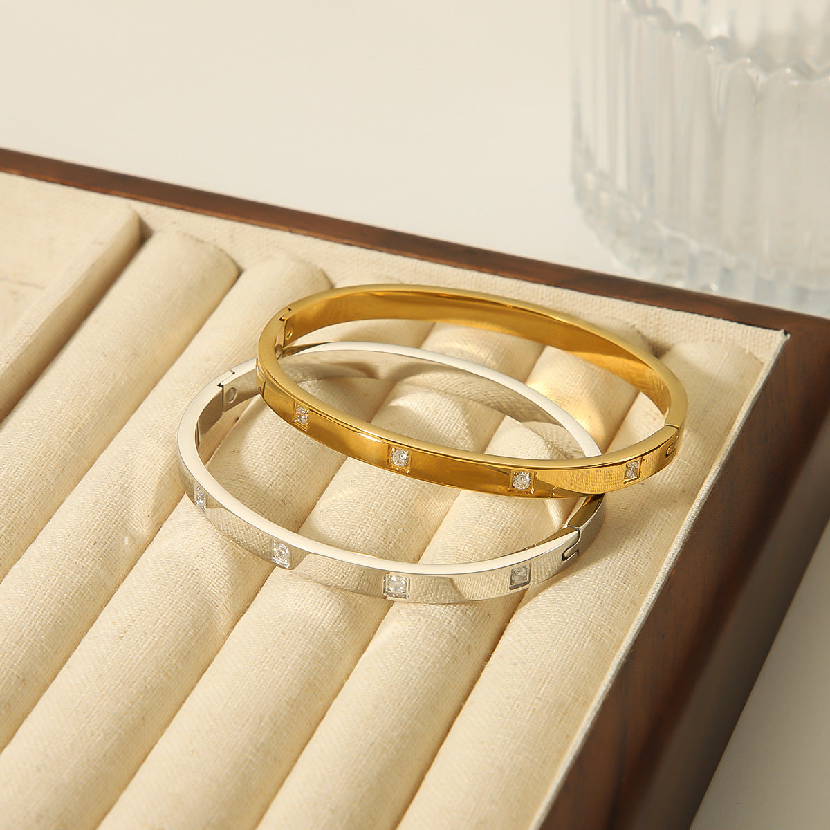 Minimalist Square Geometric Stainless Steel Cuff Bracelet with White Zircon Inlay for Women