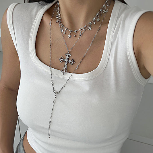 Collar con colgante vintage minimalista de estrella y cruz para mujer con borlas, aleación galvanizada, cadena de serpiente, collar largo en capas