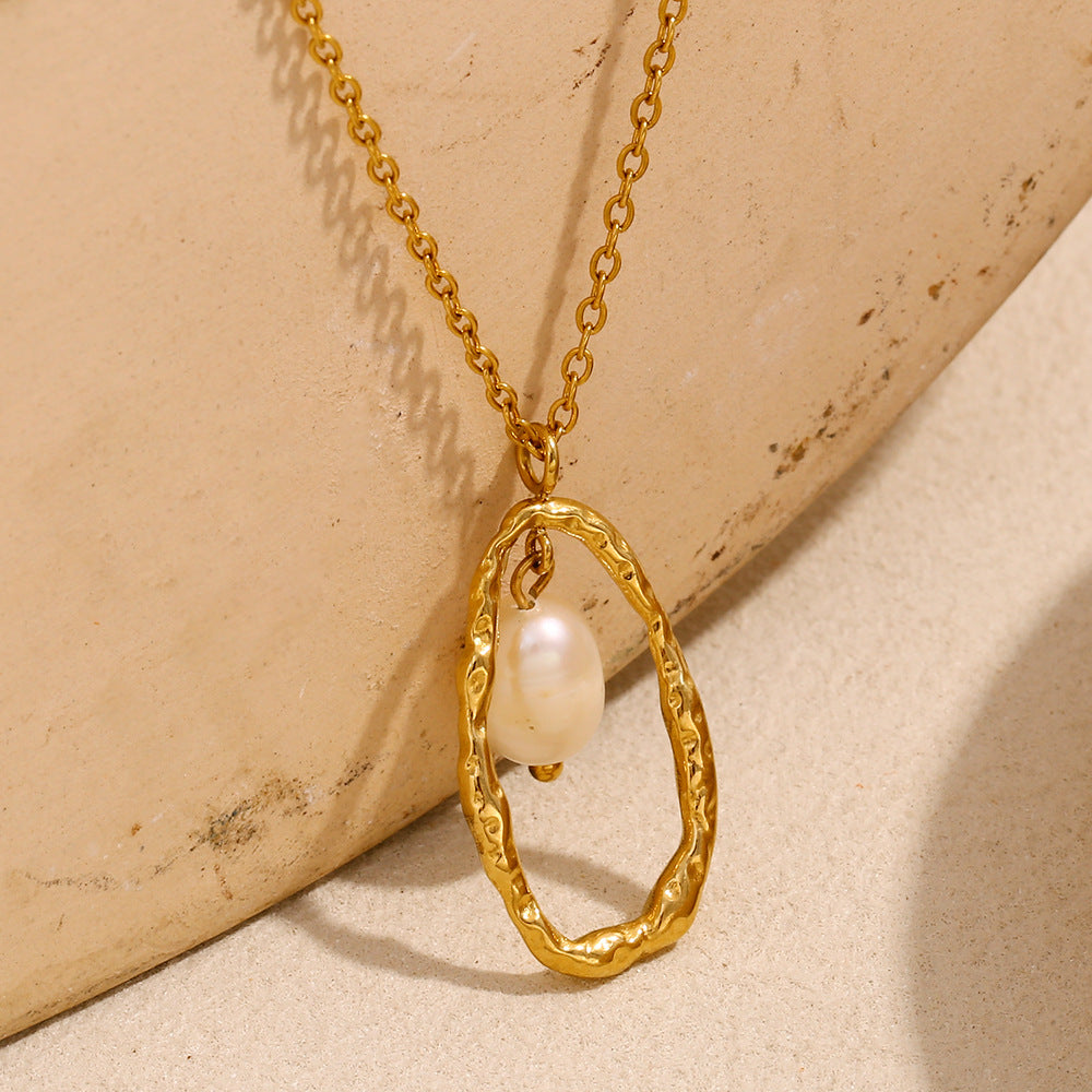 Vintage-Inspired Geometric Pendant Necklace for Women Stainless Steel with 18K Gold Plating and Pearl Accent