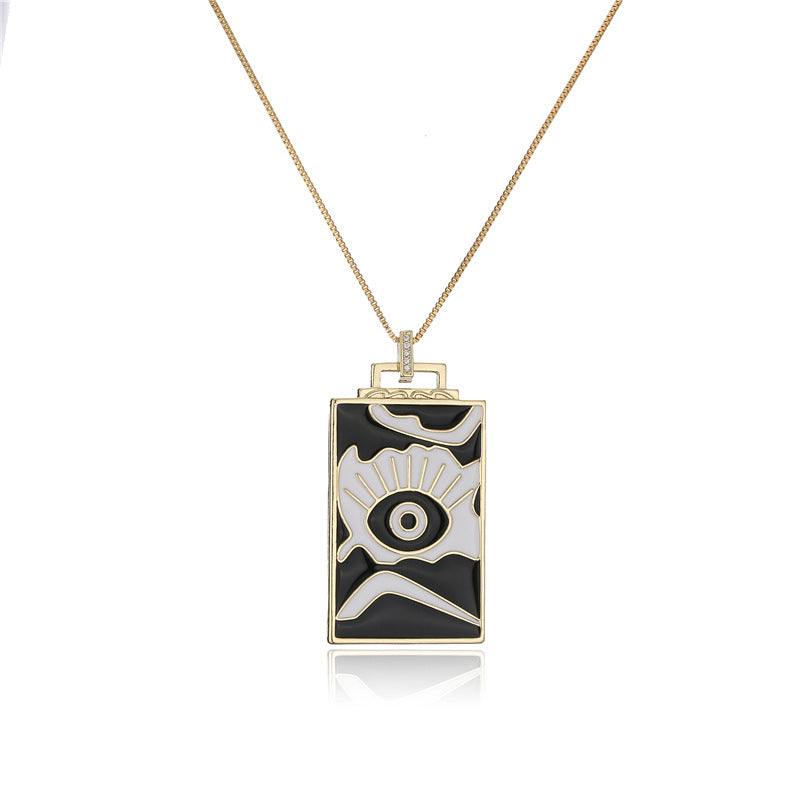 Vintage Square Geometric Drip Oil Inlay Brass Pendant Box Chain Necklace