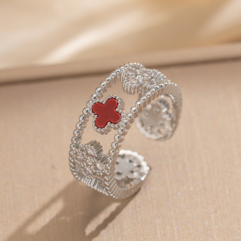 Luxury Minimalist Adjustable Open Ring for Women with Gold-Plated Copper Band and Zircon Stone Accent in Heart and Floral Shape