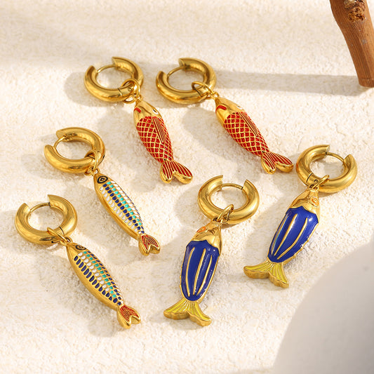 Colorful Drip Oil Plated 18K Gold Stainless Steel Fish Earrings for Women
