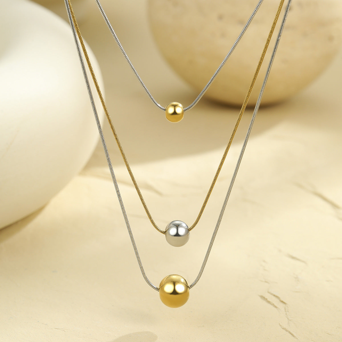 Fashionable OL Style Geometric Bead Necklace with Y-Shape Chain Stainless Steel Plated 18K Gold Tone Locket Necklace for Women