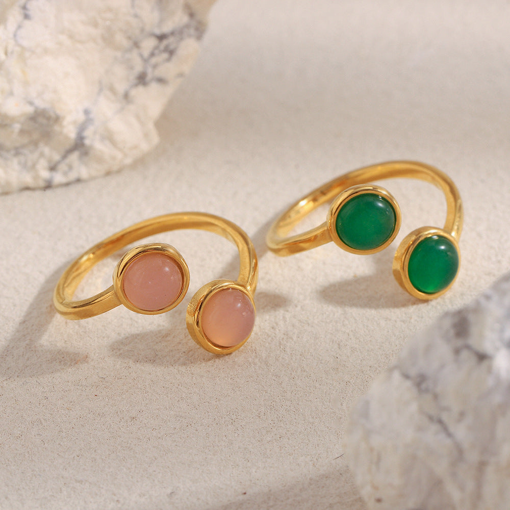 Elegant Vintage French-Style Geometric Stainless Steel Plated 18K Gold Open Ring for Women with Green Agate