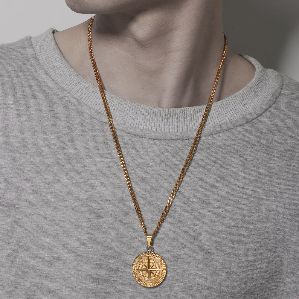 Punk Hip-hop Round Geometric Compass Coin Pendant Titanium Steel Necklace Cuban Link Chain for Men