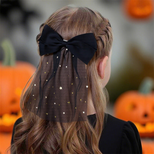 Fermaglio per capelli a fiocco fatto a mano in tulle bianco e nero per bambini con dettagli in lamina d'oro, accessorio per capelli di Halloween