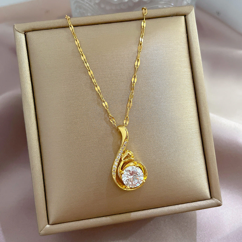 Cartoon Style Dove Pendant Necklace in Titanium Steel with Rhinestone Inlay for Women and Men, Delicate Clavicle Chain