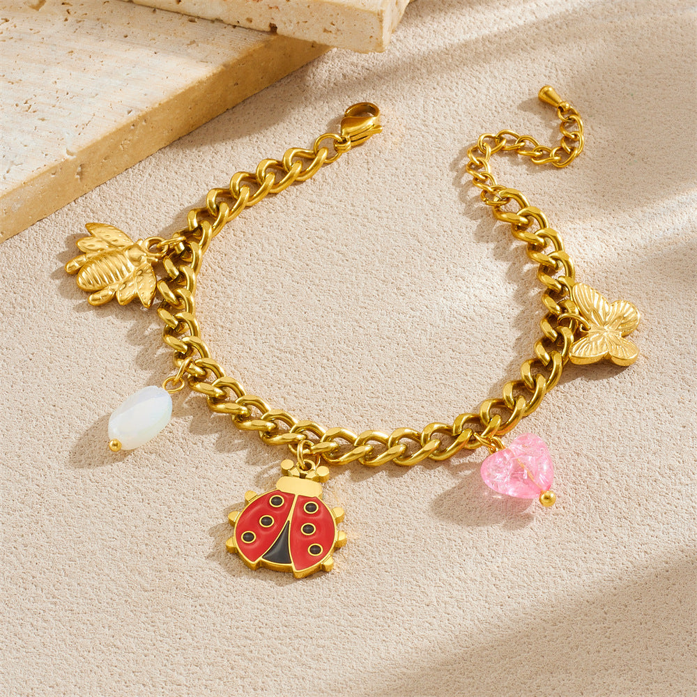 Fashion Cartoon Drip Oil Stainless Steel Butterfly Ladybug Bee Pendant Jewelry Set with Serpentine Chain for Women