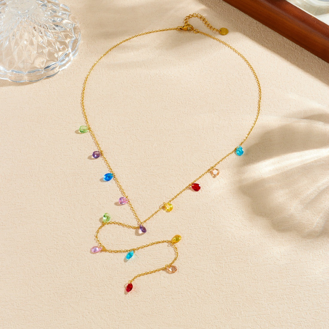 Sweet Colorful Teardrop Gold Plated Stainless Steel Long Necklace for Women