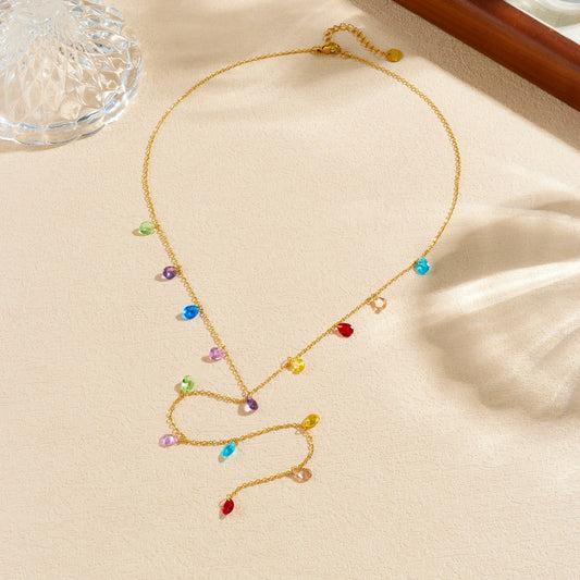Sweet Colorful Teardrop Gold Plated Stainless Steel Long Necklace for Women