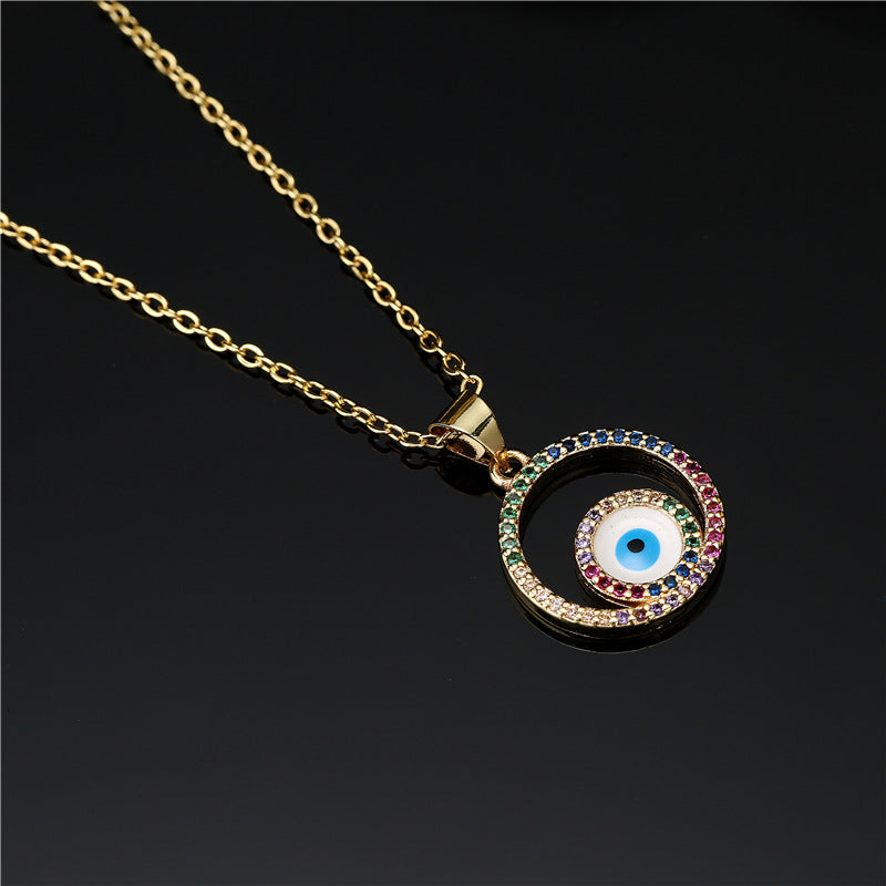 Round Brass Evil Eye Drip Oil Necklace with Micro-inlaid Cubic Zirconia for Women