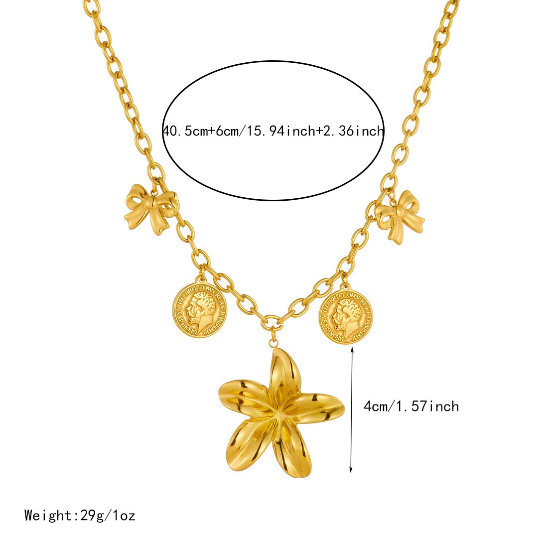 Chic Gold Plated Floral Bow Stainless Steel Pendant Necklace with Cable Chain