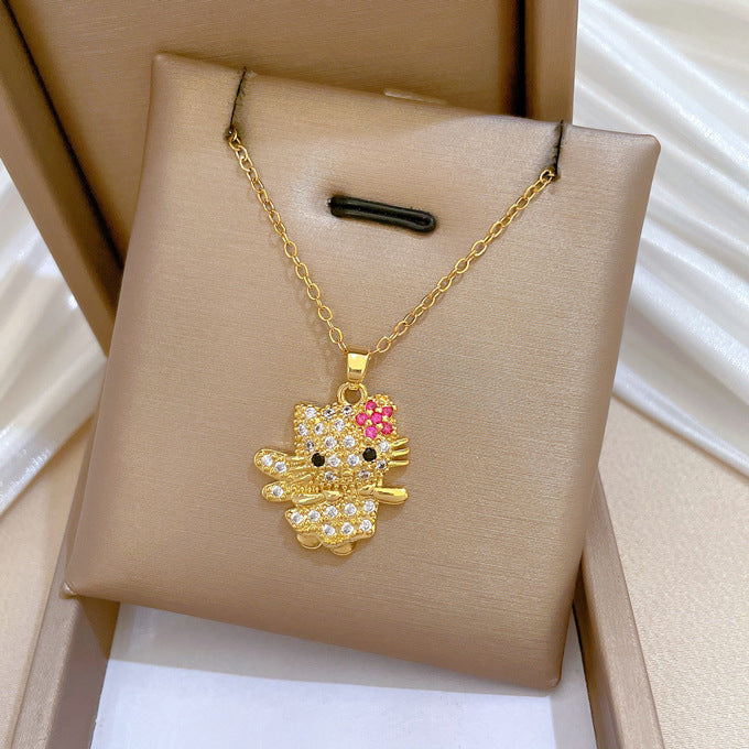 Cartoon Style Floral Cat Pendant Necklace in Titanium Steel with Rhinestone Inlay for Women and Unisex, Delicate Clavicle Chain