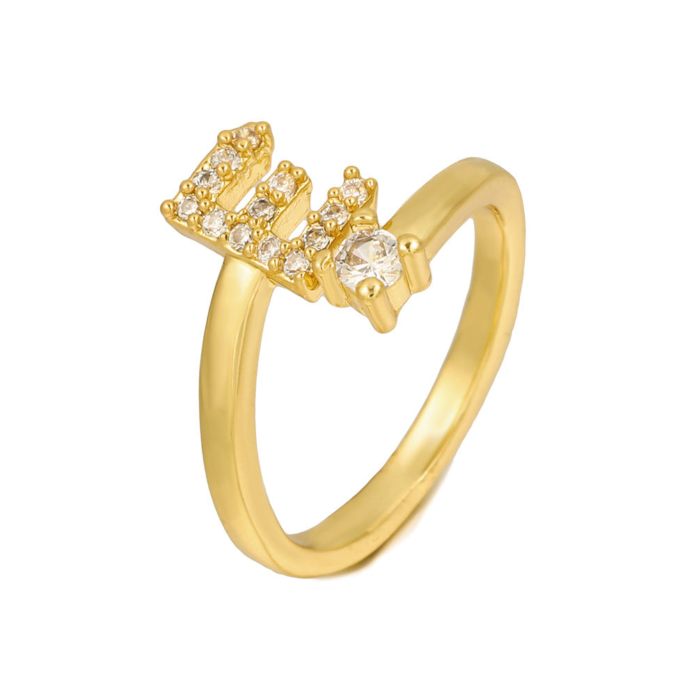 Adjustable Letter Ring Brass Plated with Cubic Zirconia for Women and Men