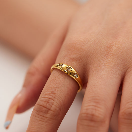 Vintage French Round Geometric Ring 18K Gold Plated Titanium Steel White Zircon Inlay Women